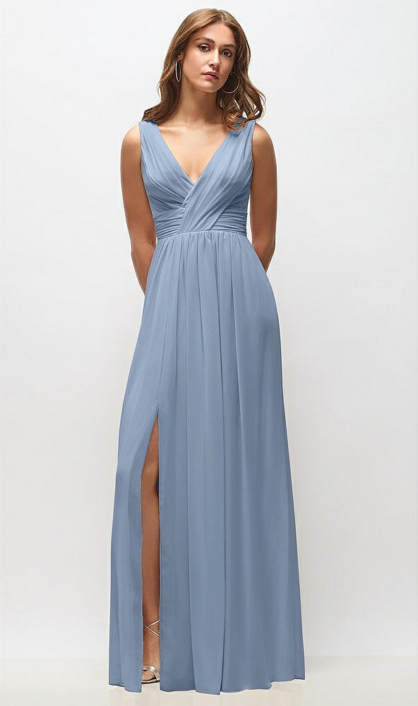 Front View - Cloudy Sleeveless Draped Chiffon Maxi Dress with Front Slit