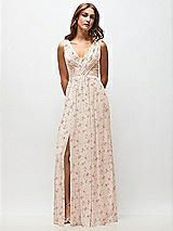Front View Thumbnail - Coquette Floral Print Sleeveless Draped Chiffon Maxi Dress with Front Slit