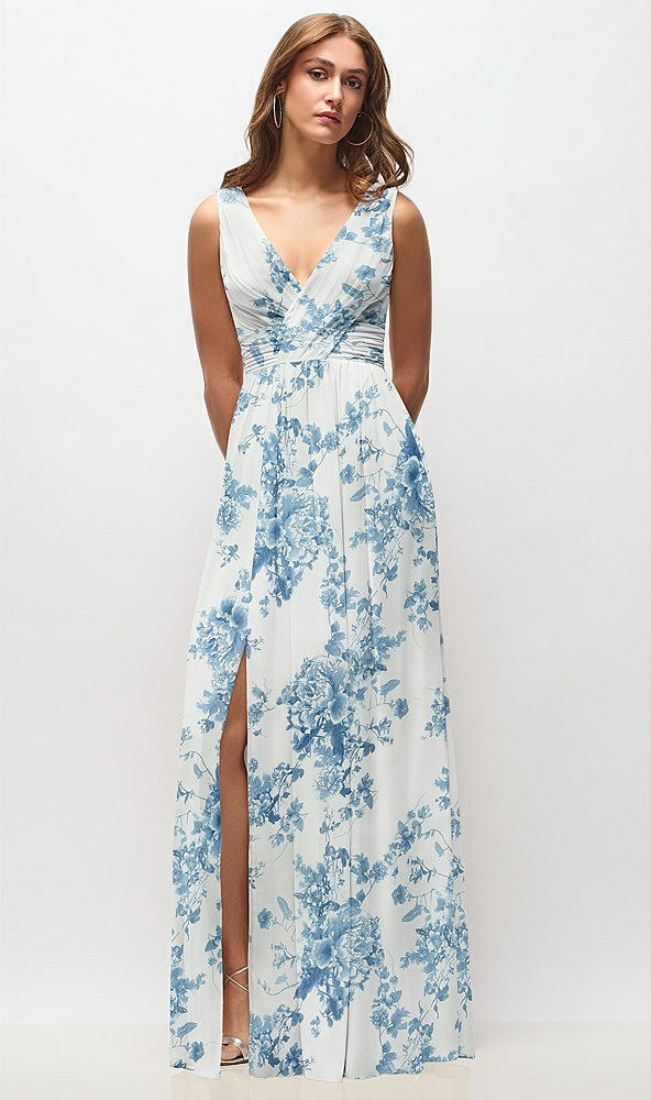 Front View - Cottage Rose Dusk Blue Sleeveless Draped Chiffon Maxi Dress with Front Slit