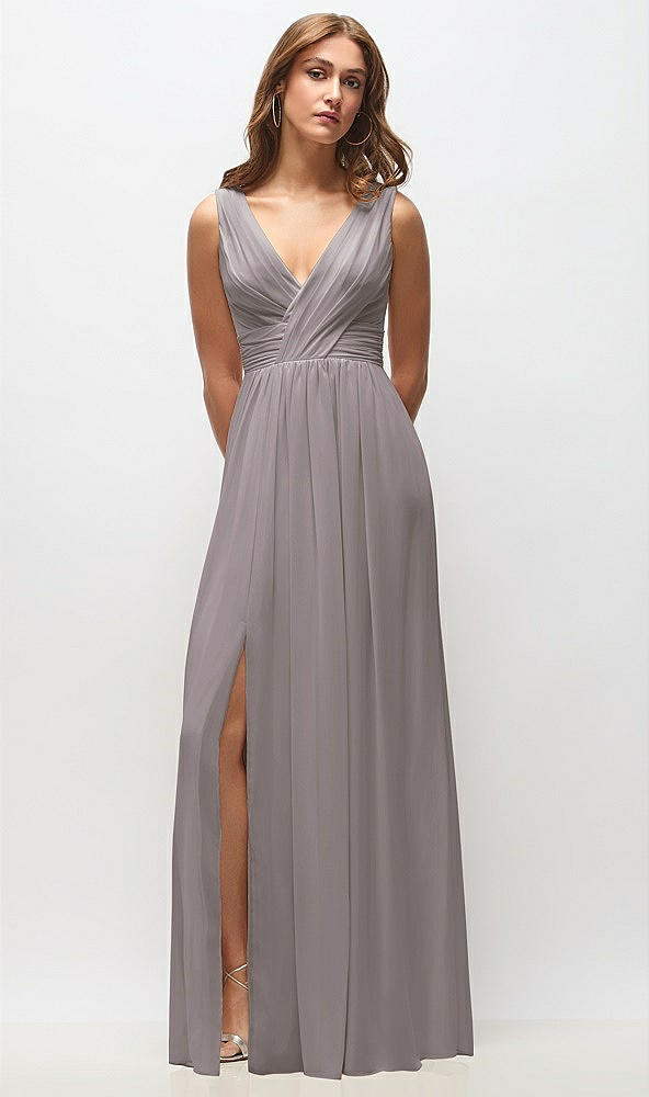 Front View - Cashmere Gray Sleeveless Draped Chiffon Maxi Dress with Front Slit