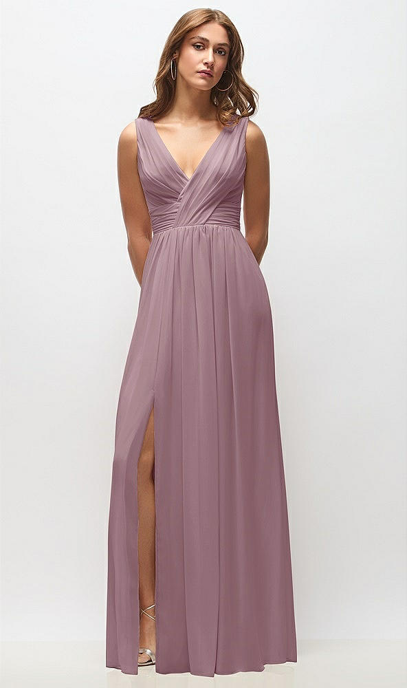 Front View - Dusty Rose Sleeveless Draped Chiffon Maxi Dress with Front Slit