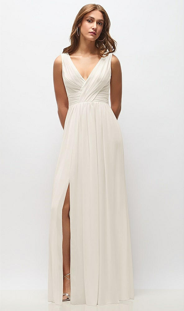 Front View - Ivory Sleeveless Draped Chiffon Maxi Dress with Front Slit