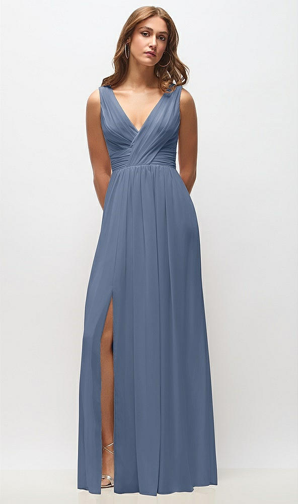 Front View - Larkspur Blue Sleeveless Draped Chiffon Maxi Dress with Front Slit