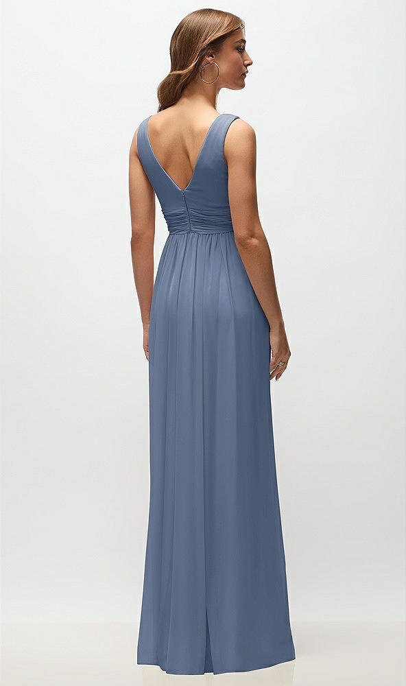 Back View - Larkspur Blue Sleeveless Draped Chiffon Maxi Dress with Front Slit