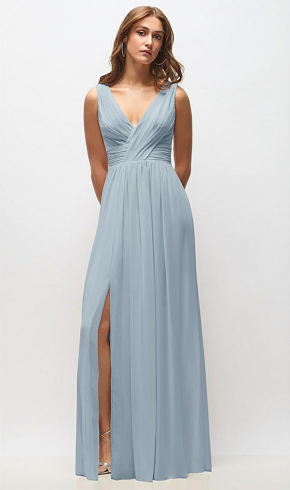 Front View - Mist Sleeveless Draped Chiffon Maxi Dress with Front Slit