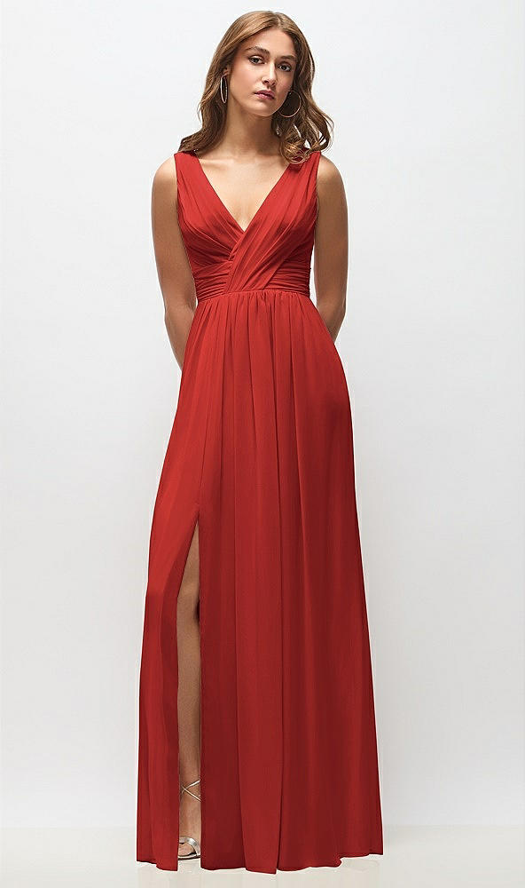 Front View - Poppy Red Sleeveless Draped Chiffon Maxi Dress with Front Slit