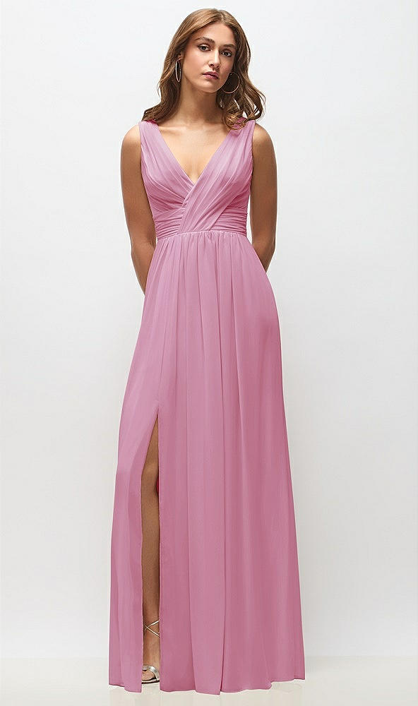 Front View - Powder Pink Sleeveless Draped Chiffon Maxi Dress with Front Slit