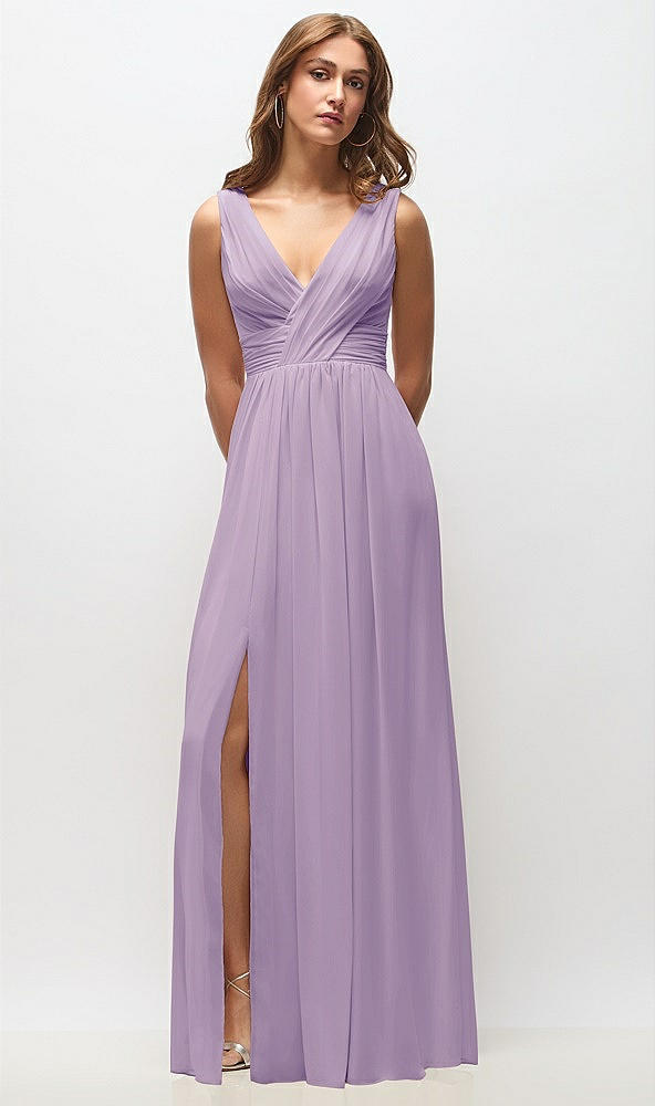 Front View - Pale Purple Sleeveless Draped Chiffon Maxi Dress with Front Slit