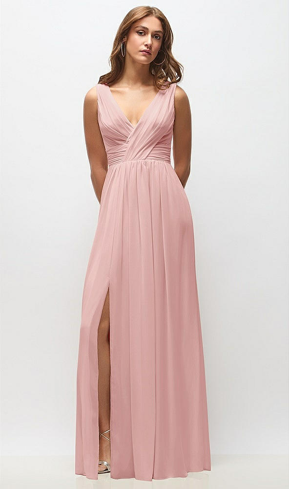 Front View - Rose Sleeveless Draped Chiffon Maxi Dress with Front Slit