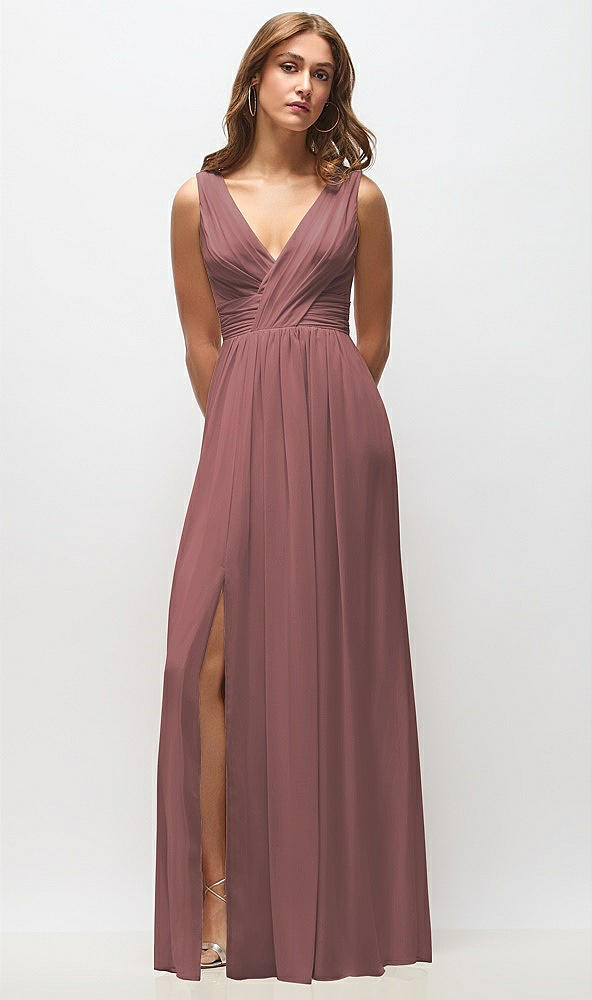 Front View - Rosewood Sleeveless Draped Chiffon Maxi Dress with Front Slit