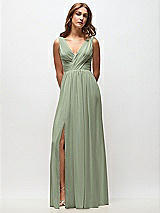 Front View Thumbnail - Sage Sleeveless Draped Chiffon Maxi Dress with Front Slit