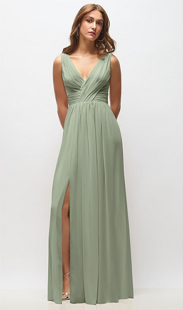 Front View - Sage Sleeveless Draped Chiffon Maxi Dress with Front Slit