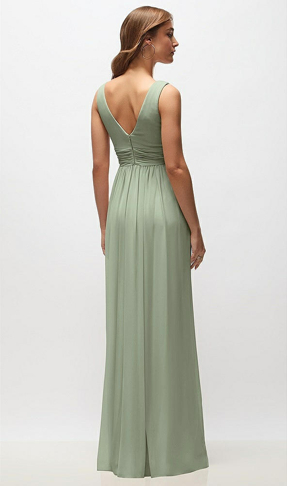 Back View - Sage Sleeveless Draped Chiffon Maxi Dress with Front Slit