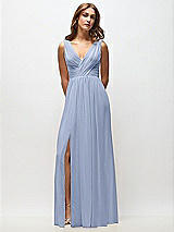 Front View Thumbnail - Sky Blue Sleeveless Draped Chiffon Maxi Dress with Front Slit