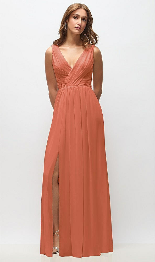 Front View - Terracotta Copper Sleeveless Draped Chiffon Maxi Dress with Front Slit