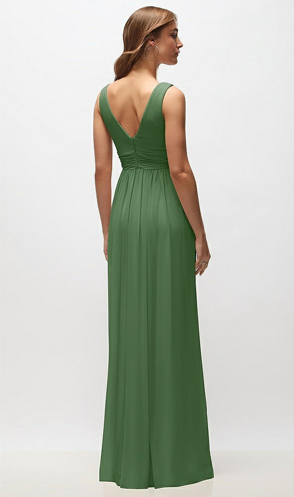 Back View - Vineyard Green Sleeveless Draped Chiffon Maxi Dress with Front Slit