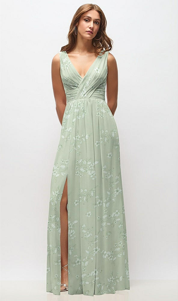 Front View - Vintage Primrose Sage Sleeveless Draped Chiffon Maxi Dress with Front Slit