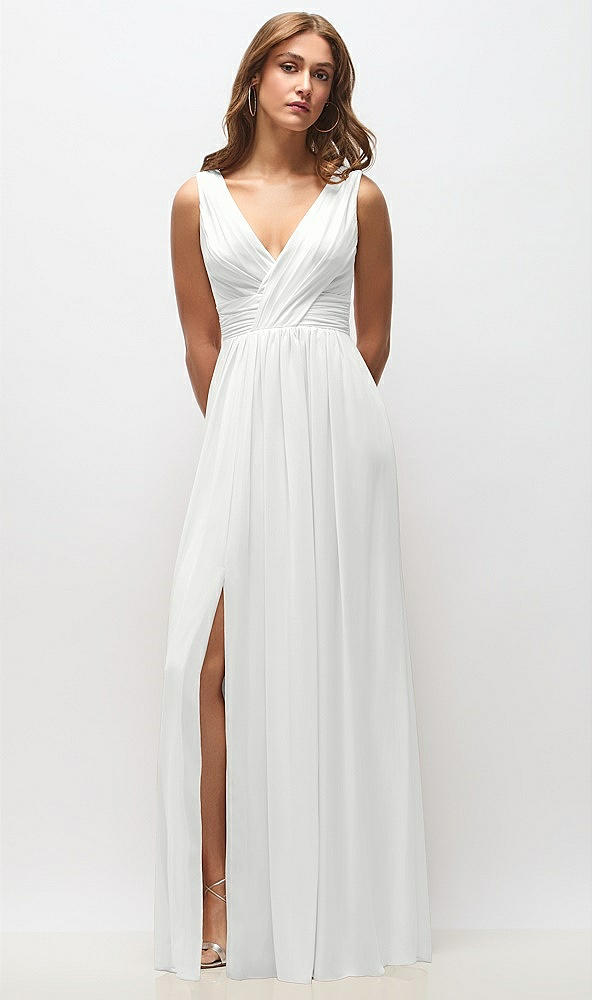 Front View - White Sleeveless Draped Chiffon Maxi Dress with Front Slit
