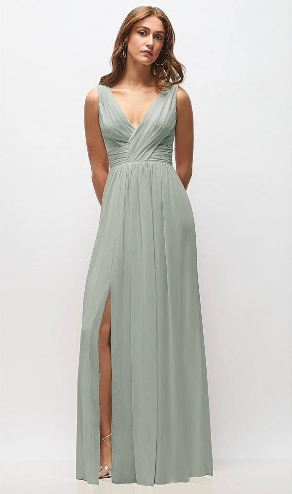 Front View - Willow Green Sleeveless Draped Chiffon Maxi Dress with Front Slit