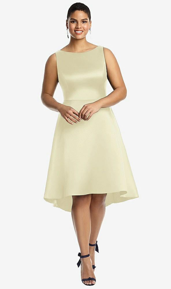 Front View - Butter Yellow Bateau Neck Satin High Low Cocktail Dress