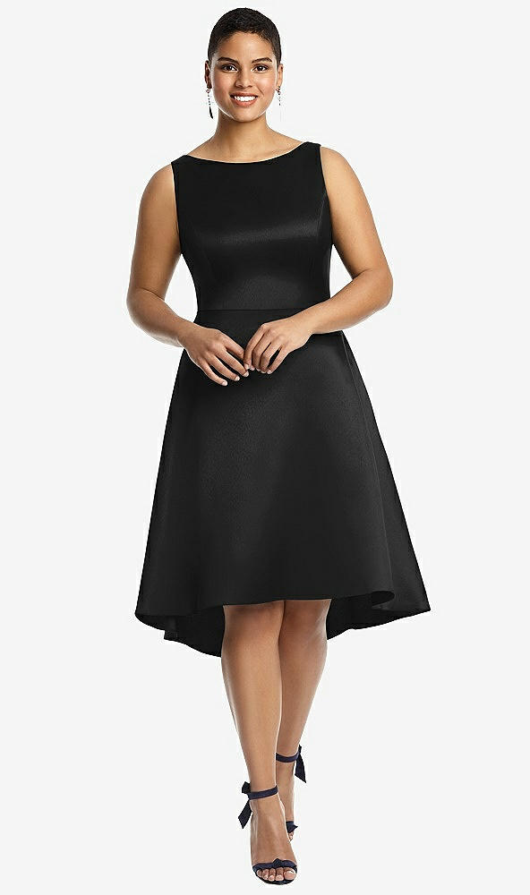 Front View - Black Bateau Neck Satin High Low Cocktail Dress