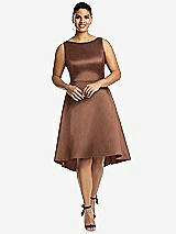Front View Thumbnail - Cognac Bateau Neck Satin High Low Cocktail Dress