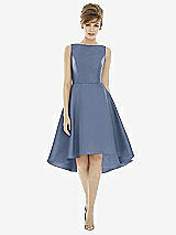 Alt View 1 Thumbnail - Larkspur Blue Bateau Neck Satin High Low Cocktail Dress