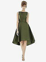 Alt View 1 Thumbnail - Olive Green Bateau Neck Satin High Low Cocktail Dress