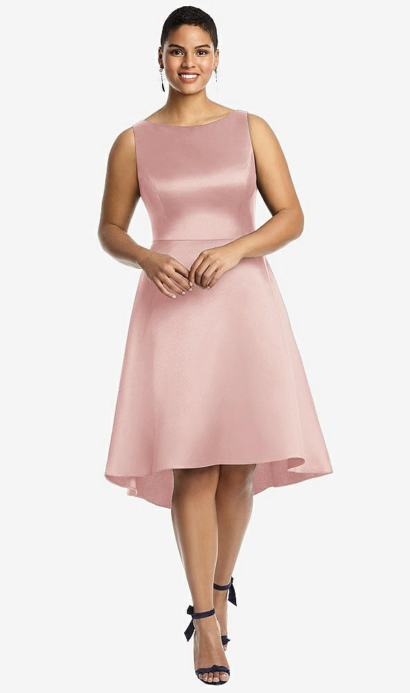 Front View - Rose Bateau Neck Satin High Low Cocktail Dress