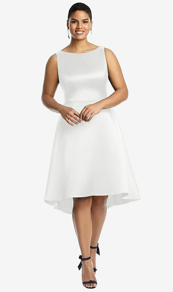 Front View - White Bateau Neck Satin High Low Cocktail Dress