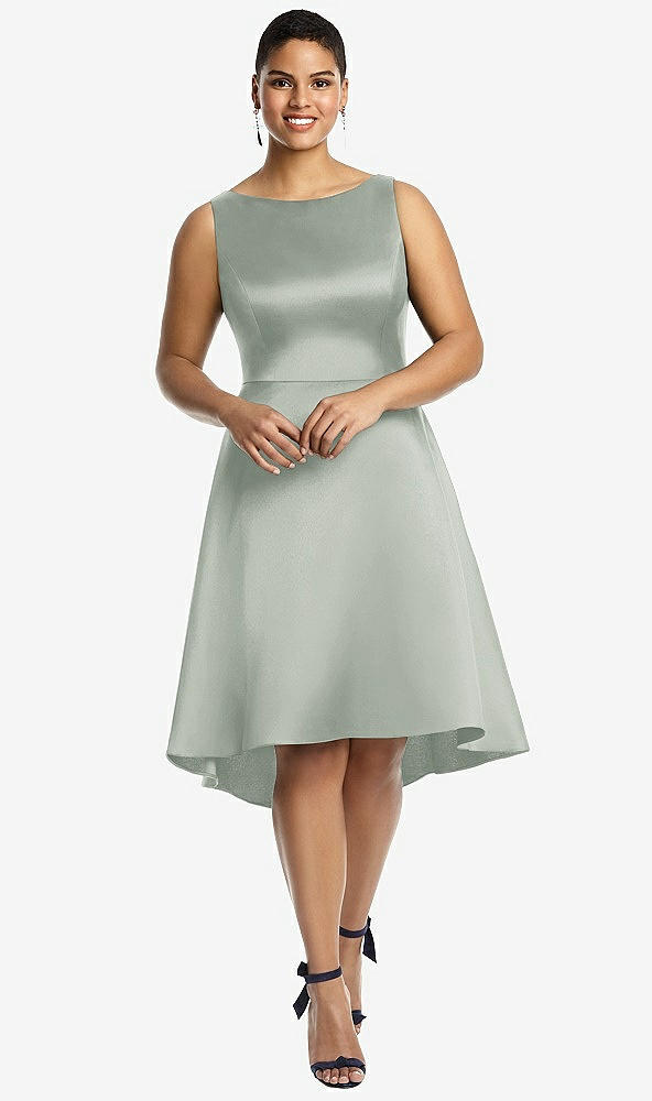 Front View - Willow Green Bateau Neck Satin High Low Cocktail Dress
