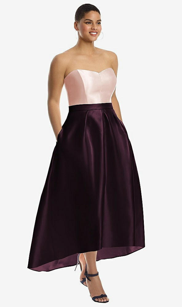 Front View - Deep Plum & Blush Strapless Satin High Low Dress with Pockets