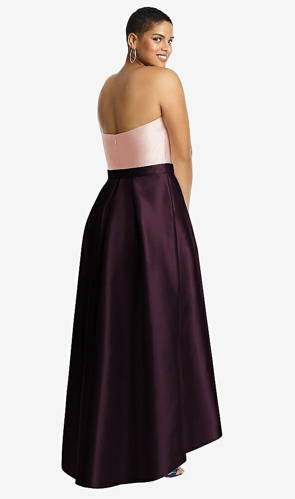 Back View - Deep Plum & Blush Strapless Satin High Low Dress with Pockets