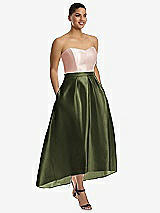 Front View Thumbnail - Olive Green & Blush Strapless Satin High Low Dress with Pockets