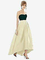 Alt View 1 Thumbnail - Butter Yellow & Evergreen Strapless Satin High Low Dress with Pockets