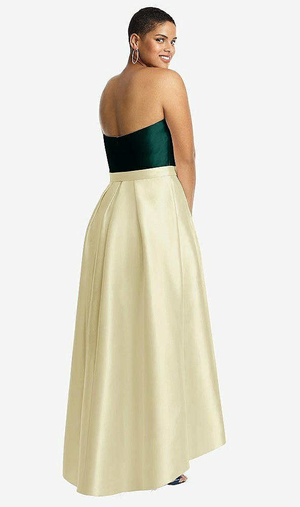 Back View - Butter Yellow & Evergreen Strapless Satin High Low Dress with Pockets