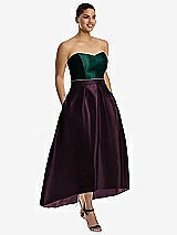 Front View Thumbnail - Deep Plum & Evergreen Strapless Satin High Low Dress with Pockets