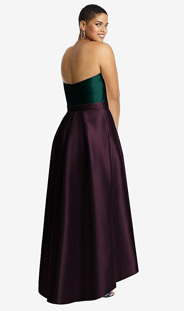 Back View - Deep Plum & Evergreen Strapless Satin High Low Dress with Pockets