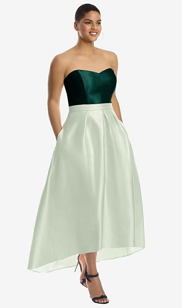 Front View - Mint Green & Evergreen Strapless Satin High Low Dress with Pockets