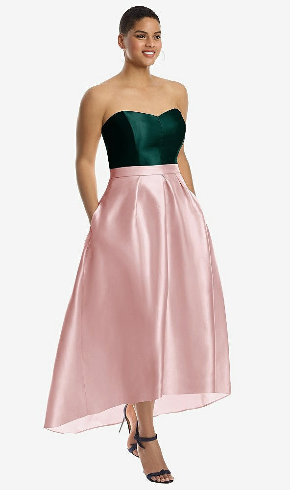 Front View - Ballet Pink & Evergreen Strapless Satin High Low Dress with Pockets