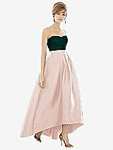 Alt View 1 Thumbnail - Blush & Evergreen Strapless Satin High Low Dress with Pockets