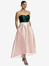 Front View Thumbnail - Blush & Evergreen Strapless Satin High Low Dress with Pockets
