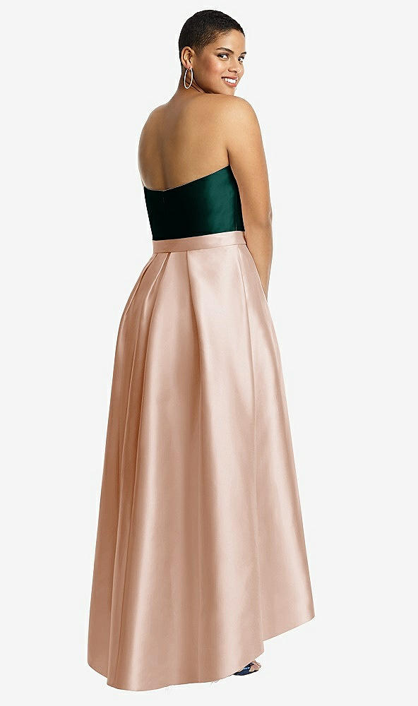 Back View - Cameo & Evergreen Strapless Satin High Low Dress with Pockets