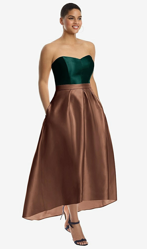 Front View - Cognac & Evergreen Strapless Satin High Low Dress with Pockets
