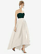 Alt View 1 Thumbnail - Ivory & Evergreen Strapless Satin High Low Dress with Pockets