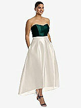 Front View Thumbnail - Ivory & Evergreen Strapless Satin High Low Dress with Pockets