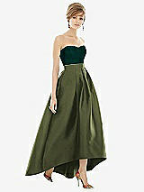 Alt View 1 Thumbnail - Olive Green & Evergreen Strapless Satin High Low Dress with Pockets