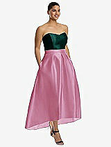 Front View Thumbnail - Powder Pink & Evergreen Strapless Satin High Low Dress with Pockets
