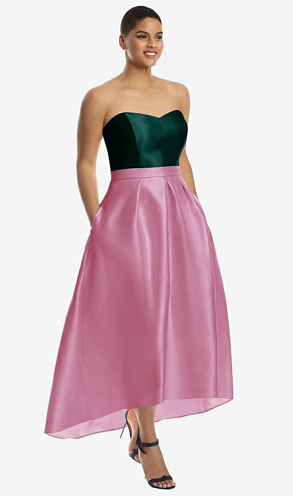 Front View - Powder Pink & Evergreen Strapless Satin High Low Dress with Pockets