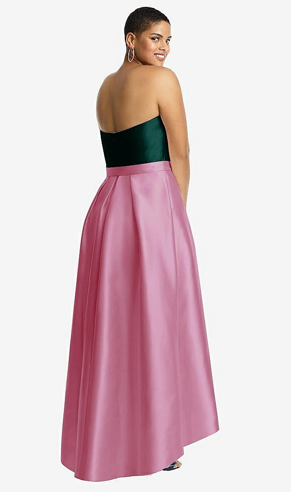 Back View - Powder Pink & Evergreen Strapless Satin High Low Dress with Pockets